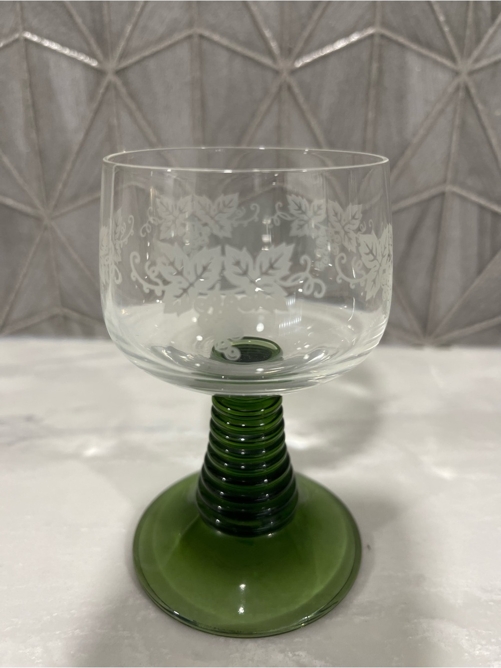 Vintage Roemer Goblet Glass with Green Beehive Stem and Etched Grape Pattern